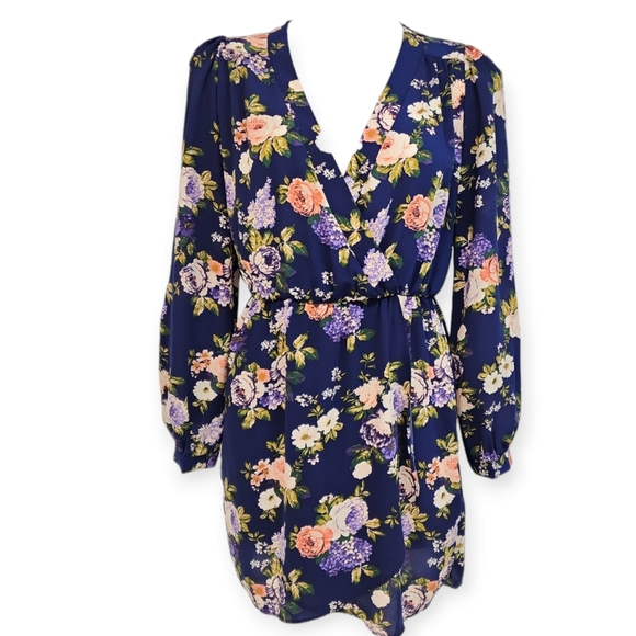 Honey Punch/Lulus That's A Wrap Navy Blue Floral Print Dress - Picture 3 of 8